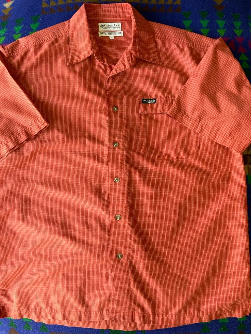 Vintage Columbia, GRT, red micro plaid, hiking trail shirt, large